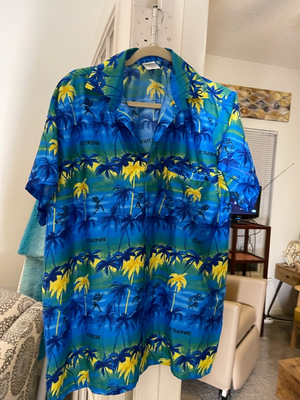 Rima Imar Blue and Yellow Tropical Palm Camp Shirt